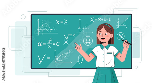 Young Teacher Explaining Complex Math Equations And Formulas On Green Blackboard