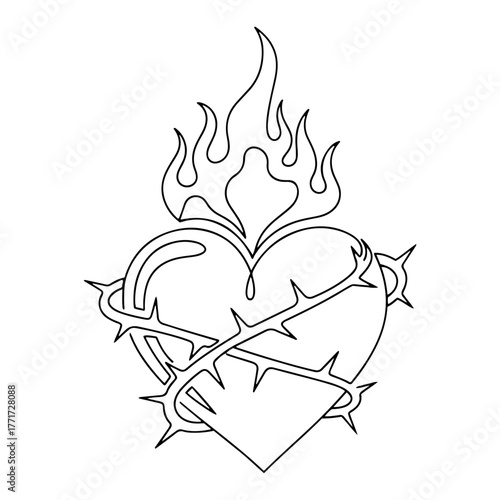 Sacred Heart of Jesus single-line vector icon – flaming heart with crown of thorns religious tattoo style
