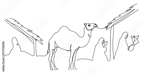 Camel caravan in desert dunes continuous line vector – minimalist Middle Eastern travel scene