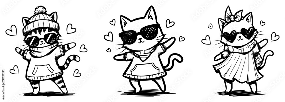 Obraz premium Cute cats and raccoons in winter outfits vector – playful animal characters set