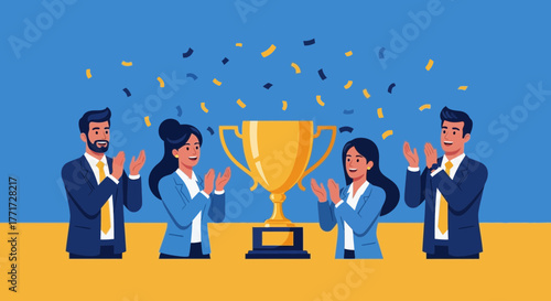 Triumphant Team Celebrates Success With Golden Trophy and Celebratory Confetti Shower