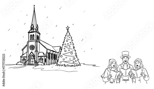 Snowy church and carol singers line art vector – festive Christmas village scene
