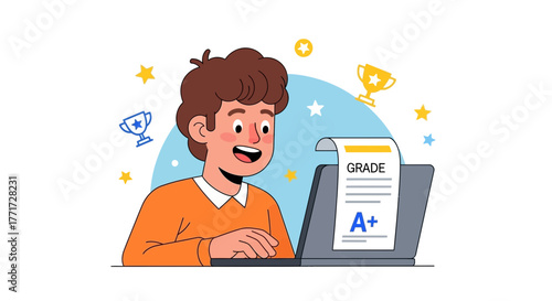 Excited Student Celebrating Good Grades on a Laptop, Achieved Academic Success Proudly