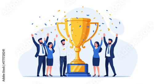 Triumphant Team Celebrating Victory Around A Golden Trophy For Successfully Accomplished Goals