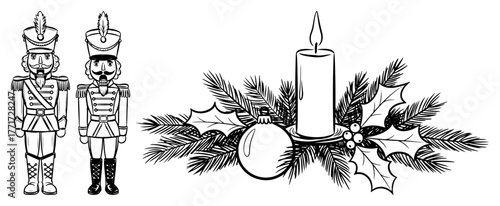 Nutcracker soldiers and Christmas candle centerpiece vector – festive holiday decor arrangement
