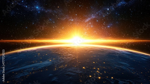 A stunning sunrise over the Earth, with the sun rising in the sky and a vibrant orange and yellow glow illuminating the horizon. 