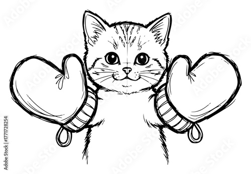 Cute kitten wearing winter mittens sketch vector – playful Christmas cat illustration