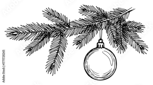 Pine branch with hanging bauble sketch vector – classic Christmas decoration