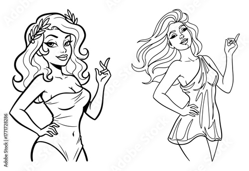 Vintage pin‑up style Greek goddess duo vector – elegant mythic female characters line art