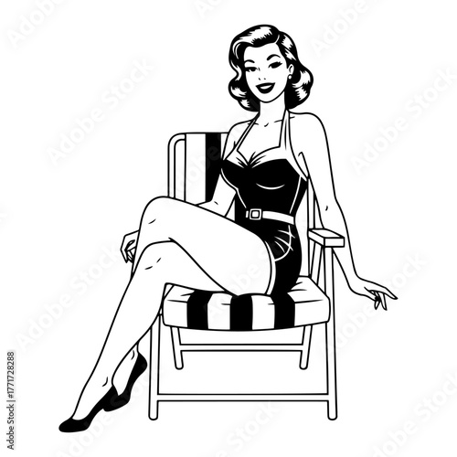 Vintage pin‑up woman on beach chair vector illustration – retro 1950s glamour girl line art