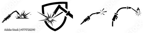 Welding icons set vector – torch, spark and shield industrial safety symbols