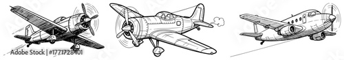 Vintage propeller airplanes set vector – retro aviation sketches