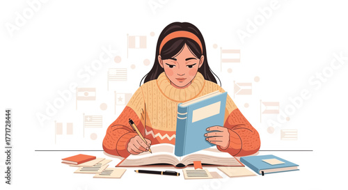 Focused Student Studying Languages with Books and Flags Representing Educational Concepts