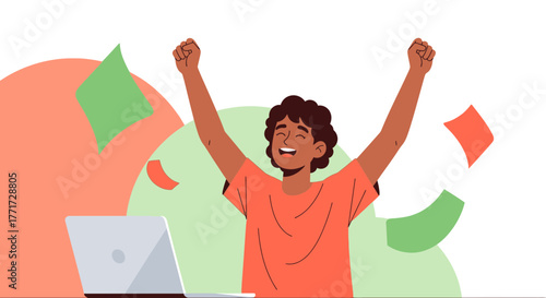 Joyful Person Celebrating Success After Accomplishing a Goal With Laptop