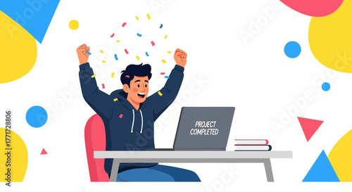 Joyful Man Celebrating Project Completion with Confetti and Laptop Visualization