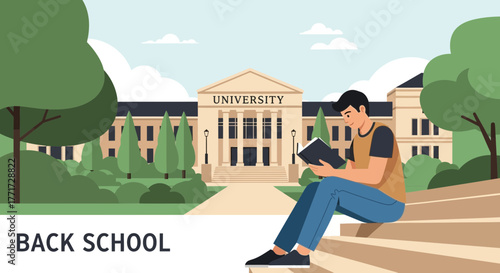 University Student Absorbed In Study While Outdoors Near A Impressive Campus Building