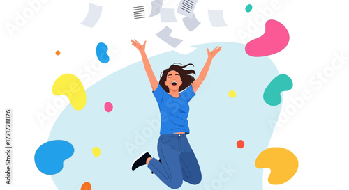 Joyful Person Celebrating Success By Throwing Papers In The Air, Happiness Concept Illustration