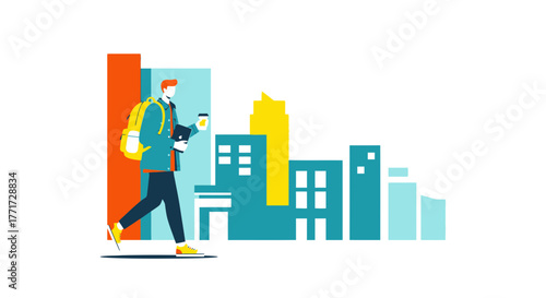 Urban Commute Depicted Through Modern Graphics, Showing Movement and Daily Activities