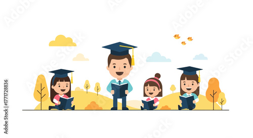 Joyful Students Celebrating Graduation Surrounded by a Peaceful and Artistic Natural Landscape