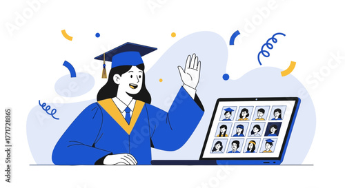 Virtual Graduation Ceremony Celebrated Online with Students and Digital Technology Illustration