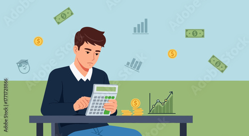 Man Reviewing Financial Calculations and Investments with Money and Charts in View