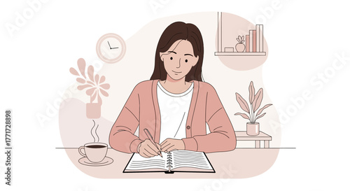 Woman Enjoying Morning Coffee and Writing in Diary or Journal at Her Desk Space