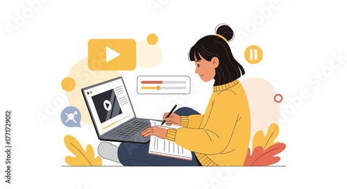Online Education Concept Depicting a Student Taking Notes During a Video Lesson