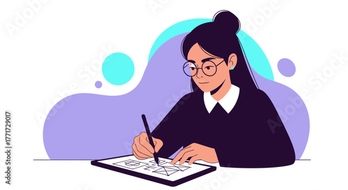 Woman Designing User Interface on Tablet with Modern Aesthetic and Colorful Background