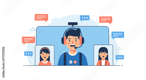 Online Meeting Illustration Depicting Communication, Collaboration, And Virtual Connections