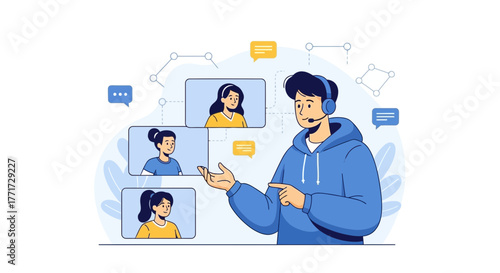 Online Meeting Presenter Illustrating Remote Communication Process For Virtual Callers.