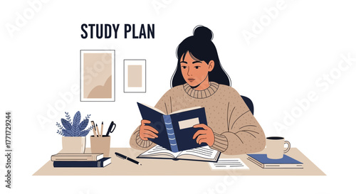 Woman Focused on Study Plan, Preparing Study Tools, Reading Book, Concept of Education