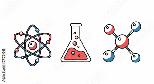 Set of three science icons showing an atom a molecule and a laboratory flask.