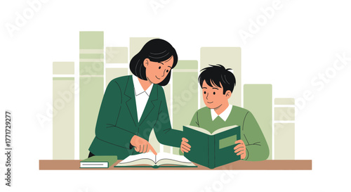 Woman Helping Young Person Read Book In Library Education And Learning Illustration