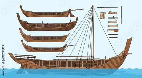 Detailed illustration of an ancient wooden sailing vessel with multiple views.