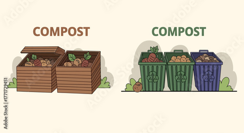 Composting bins for organic waste management and recycling practices.