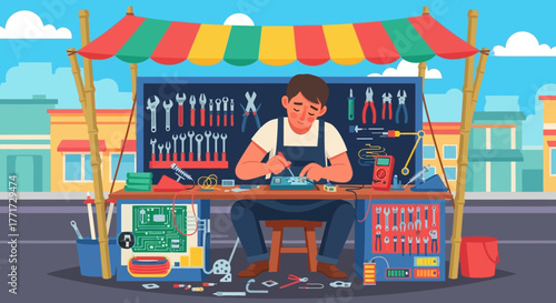 Craftsman at Work - Repairing Electronics at Outdoor Stand.