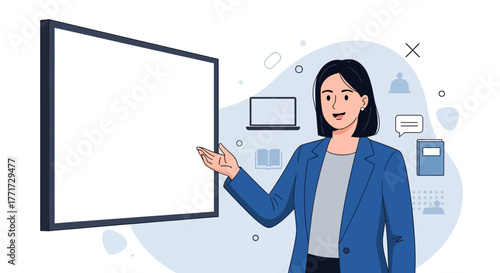 Woman Presenting in Meeting Room With Display Screen Demonstrating a Presentation