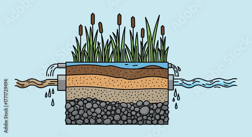 Cross section diagram of a natural water filtration system with plants.