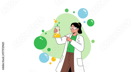 Woman Scientist Analyzing Chemical Reaction in Beaker with Bubbles Illustration