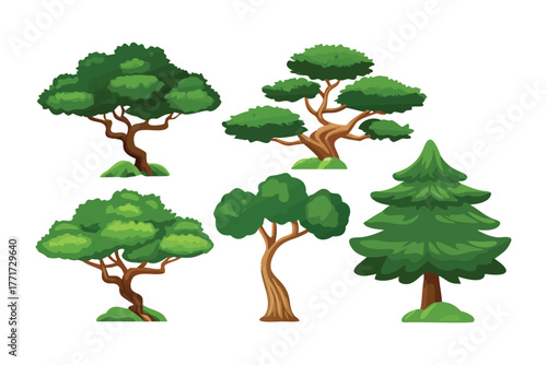 Variety of Trees: Five unique trees stand gracefully, representing the diversity and beauty of the natural world, each with its own distinctive form, branches, and leafy canopy.
