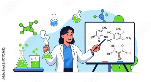 Woman Scientist Explaining Chemistry Concepts With Laboratory Equipment and Molecular Diagrams