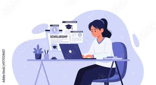 Woman Searching Online For Scholarships Using Laptop, Education Financial Concept
