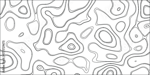 Black and white abstract topographic contour lines forming an intricate organic pattern on a white background, ideal for scientific or artistic visual concepts