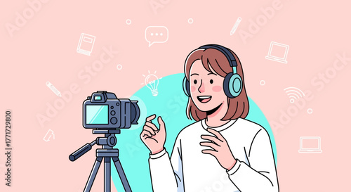 Woman Vlogging and Recording Video With Digital Camera and Headphones to Share Content
