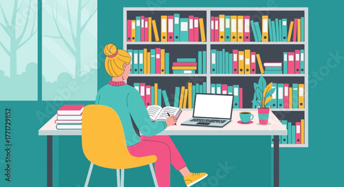 Woman Working From Home Reading a Book and Using Laptop with Cozy Library Background