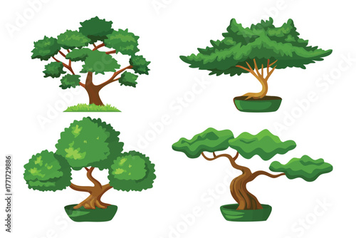 Bonsai Trees: Artistic illustration of bonsai trees, a symbol of harmony and miniature art. This picture showcases several bonsai trees, demonstrating the beauty of nature and art form.
