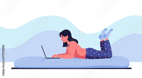 Woman Working From Home Using Laptop, Relaxed and Comfortable, Remote Workspace Connection