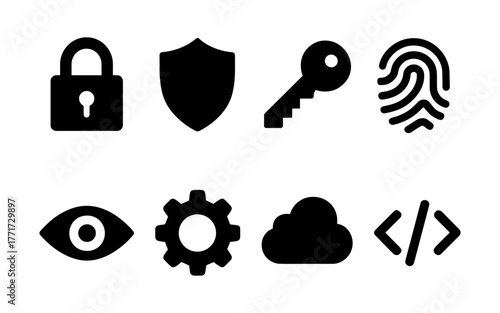 Cyber security icon set with lock, shield, key, fingerprint, eye, gear, cloud, code