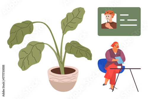 Woman sitting at desk holding documents, large green potted plant, and ID card with photo. Ideal for work environment, productivity, personal identity, decoration, organization, career growth human