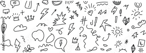 Simple doodle shapes and abstract symbols hand drawn on clean white background